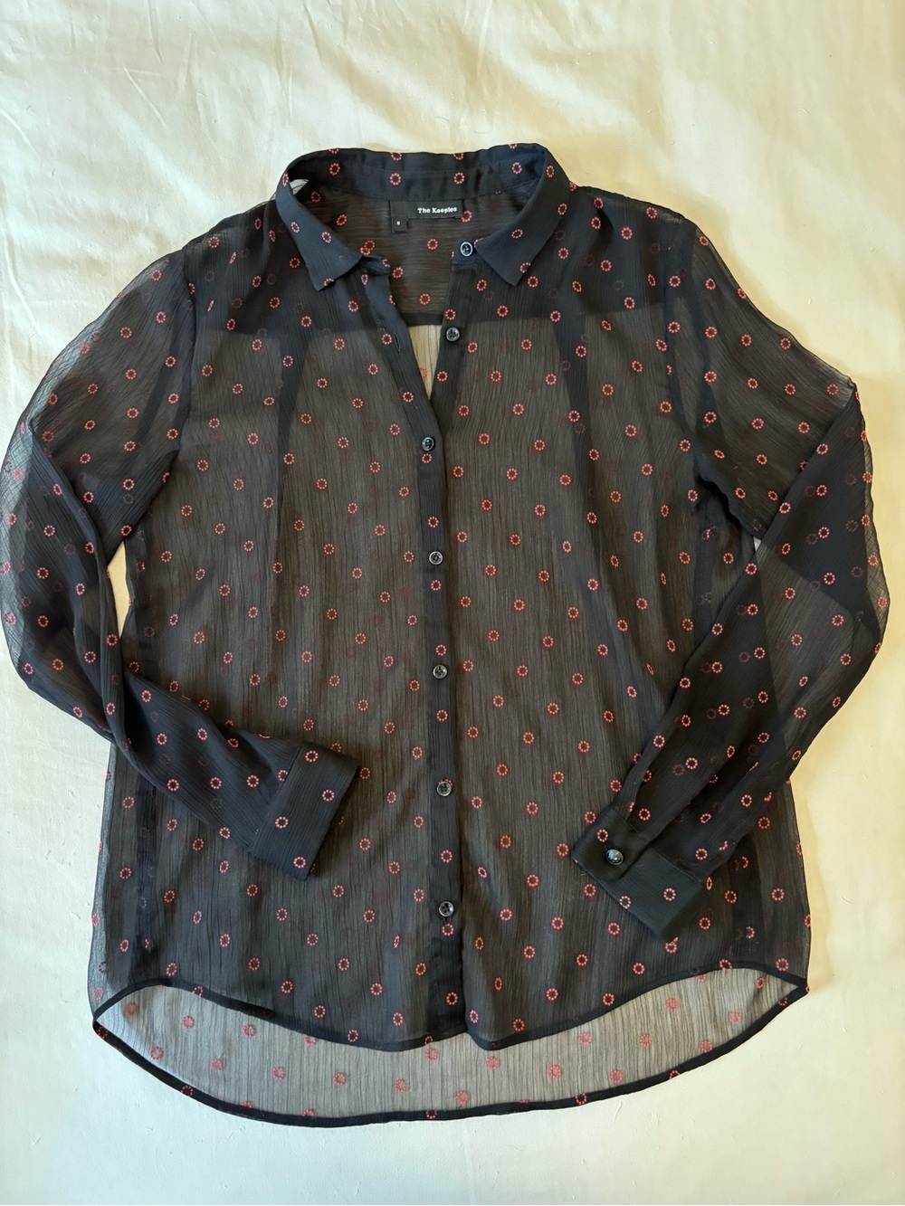 The Kooples Sheer Black Long-Sleeve Button-Up Shirt with Red Dot Print